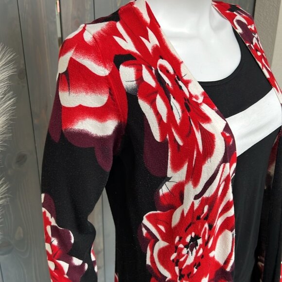 Relativity Long Cardigan Floral Black Red Medium - Picture 4 of 10